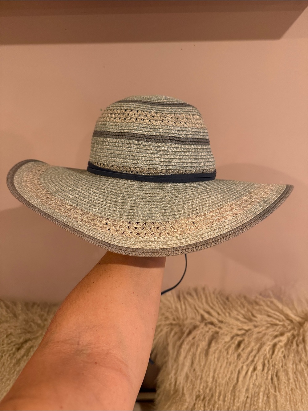 pistil Straw Sun Hat in Natural and Gray with Navy Band